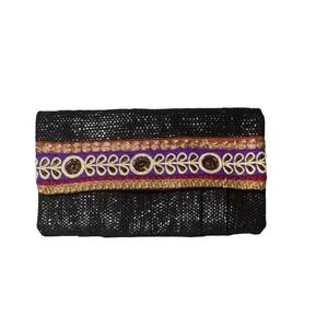 Black Beaded Clutch Bag Purple Gold Embroidered Boho Evening Bag Snap Closure